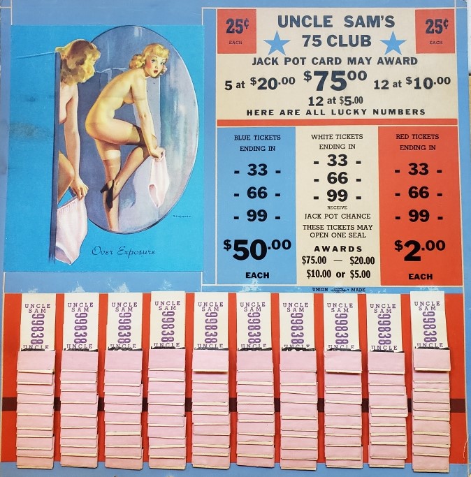Image for Uncle Sam's 75 Club; Jack Pot Card May Award $75.00; 5 at $20.00; 12 at $5.00; 12 at $10.00; Here Are All Lucky Numbers