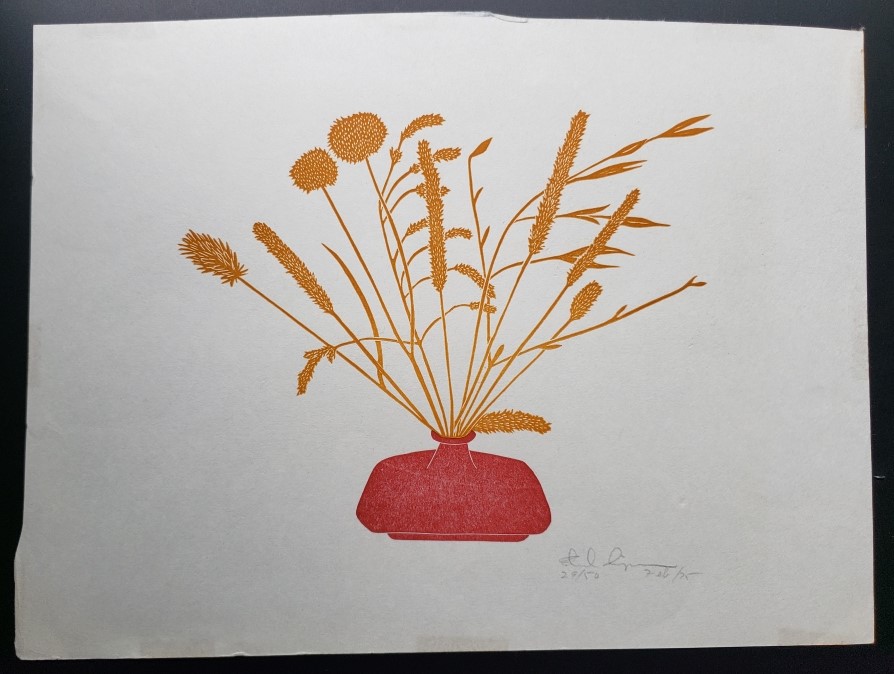 Linoleum Block Print of a Northern California Plant or Flower: Untitled.  Signed and Numbered by Dr. Edmund E. Simpson.