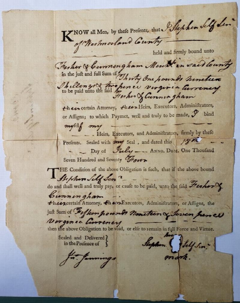 Image for Original Handwritten and Printed Bond Between Stephen Self, Son, and Fisher, and Cunningham
