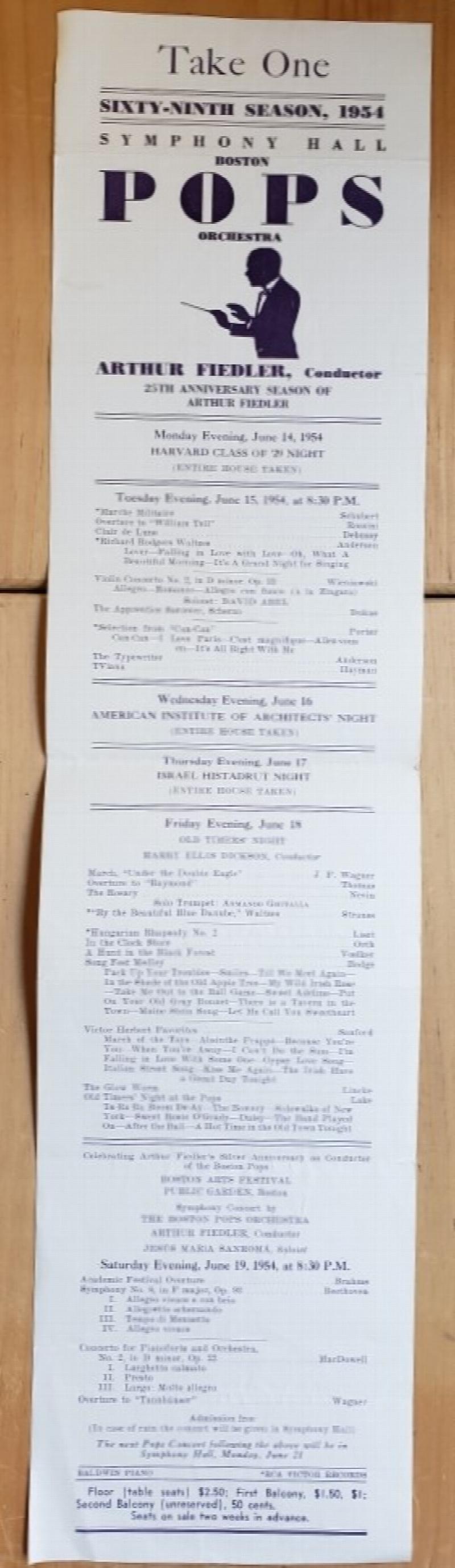 Image for Original Broadside - "Take One; Sixty-ninth Season, 1954, Symphony Hall, Boston; Pops Orchestra, Arthur Fiedler, Conductor; 25th Anniversary Season of Arthur Fiedler