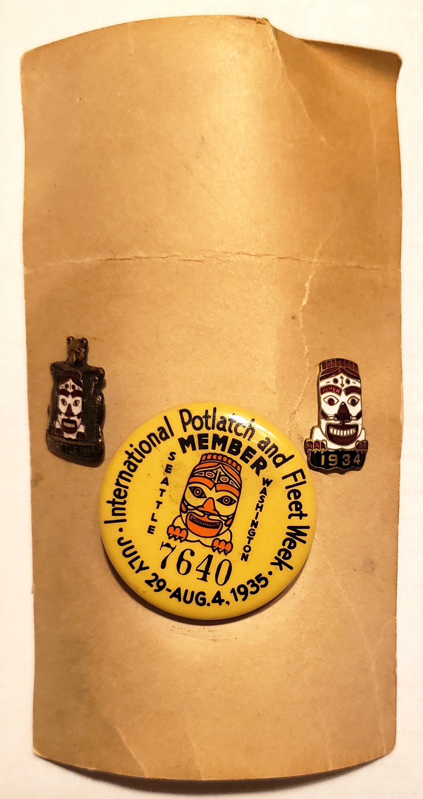Original Pinback Button and Two Lapel Pins - International Potlatch and Fleet Week, July 29-August 4, 1935